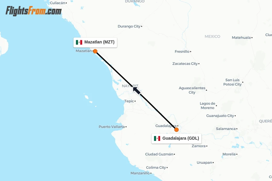 Flights from Guadalajara to Mazatlan route map