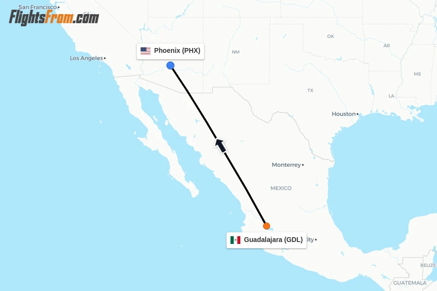 Flights from Guadalajara to Phoenix route map