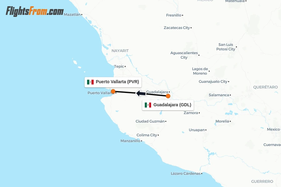Flights from Guadalajara to Puerto Vallarta route map