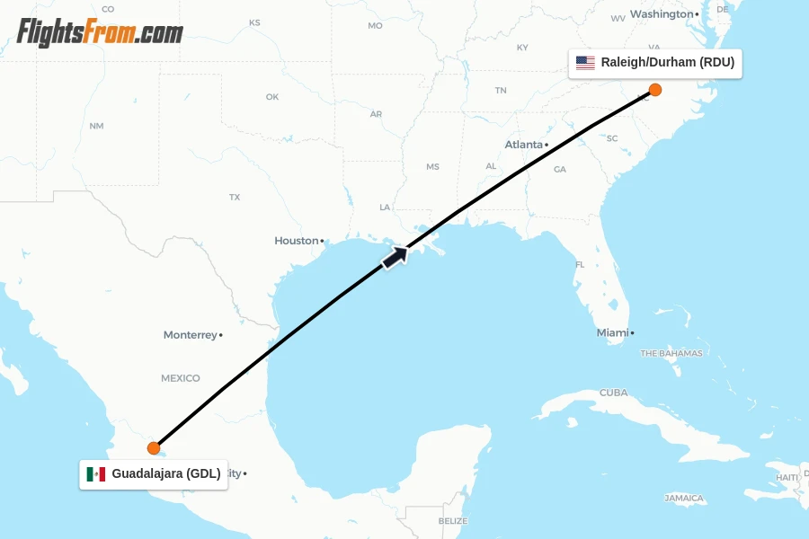 Flights from Guadalajara to Raleigh/Durham route map
