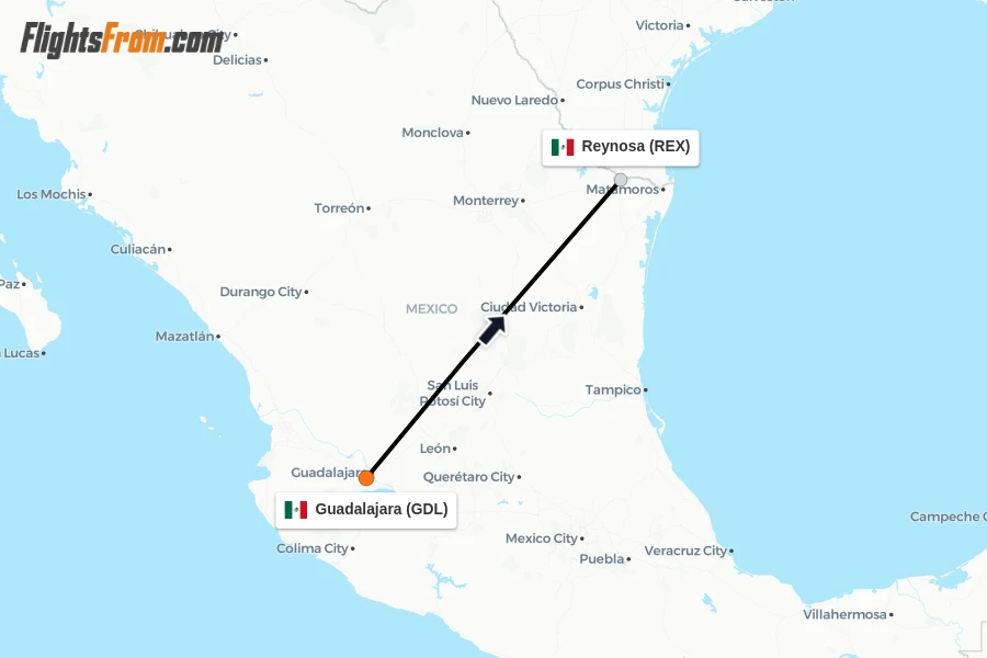 Flights from Guadalajara to Reynosa route map
