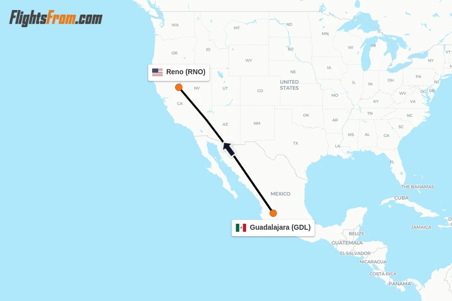 Flights from Guadalajara to Reno route map