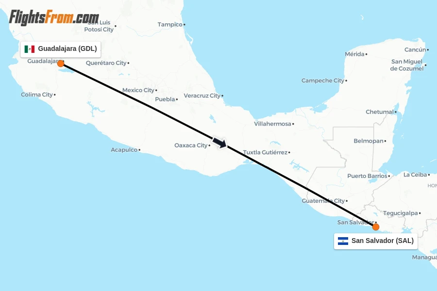 Flights from Guadalajara to San Salvador route map