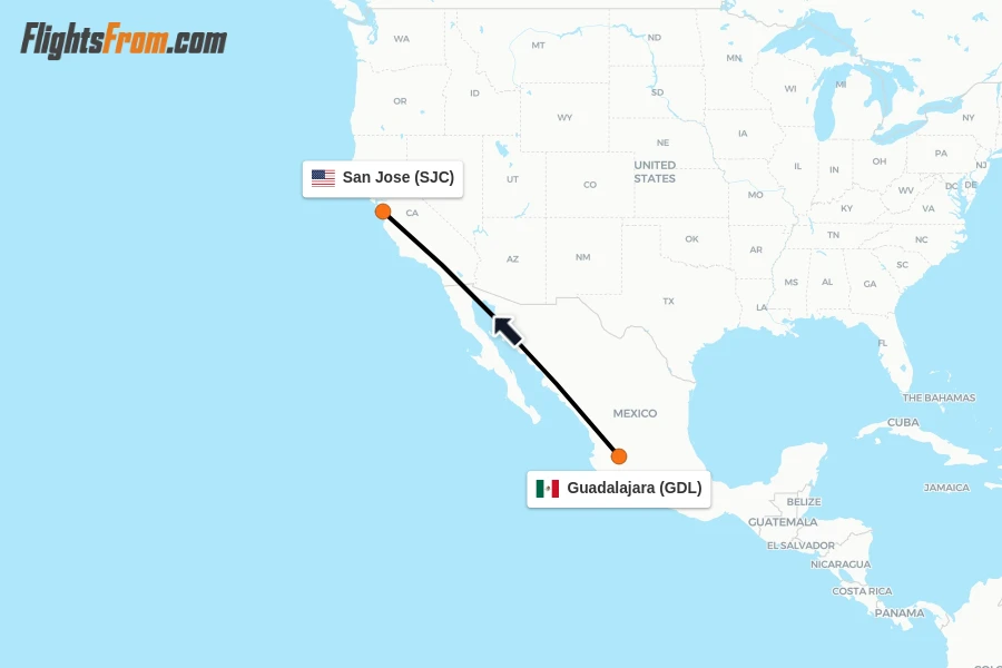 Flights from Guadalajara to San Jose route map