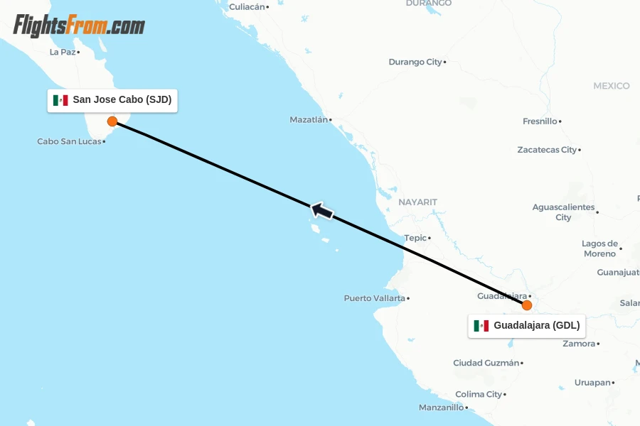 Flights from Guadalajara to San Jose Cabo route map