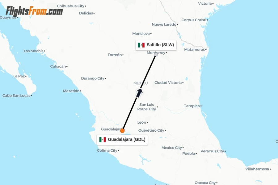Flights from Guadalajara to Saltillo route map