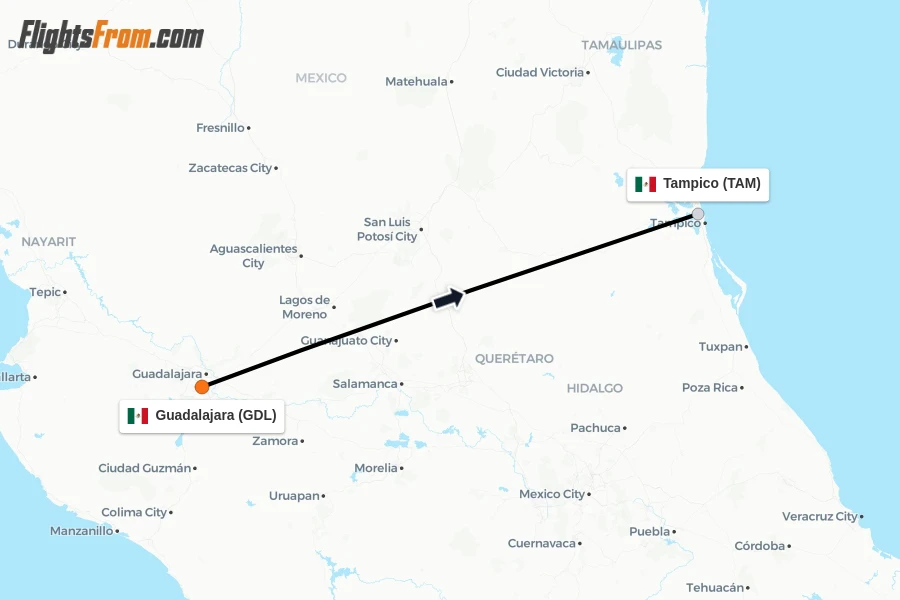Flights from Guadalajara to Tampico route map