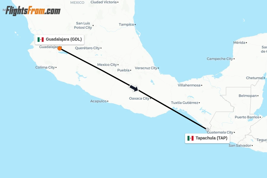 Flights from Guadalajara to Tapachula route map
