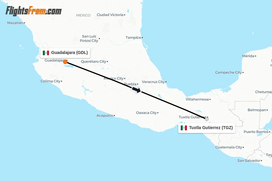 Flights from Guadalajara to Tuxtla Gutierrez route map