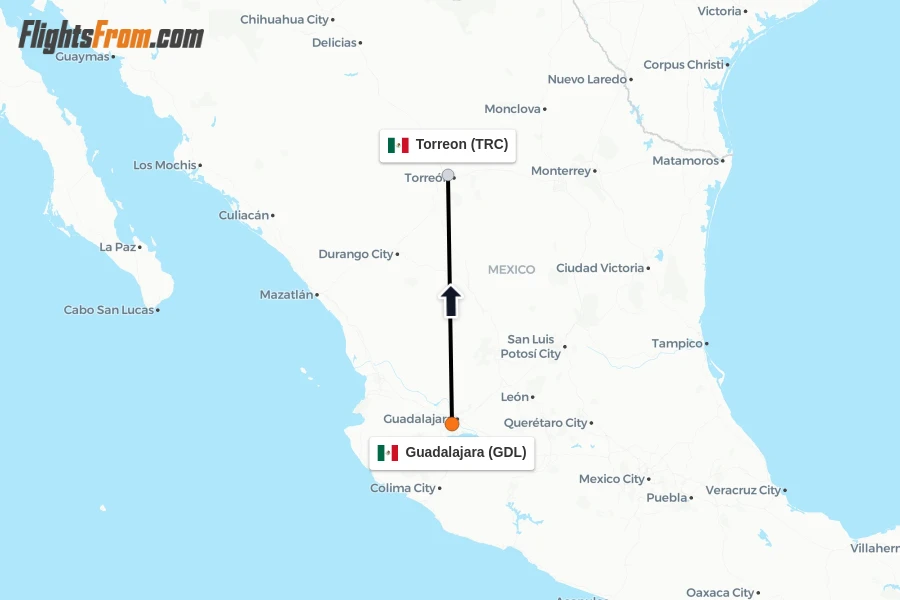 Flights from Guadalajara to Torreon route map