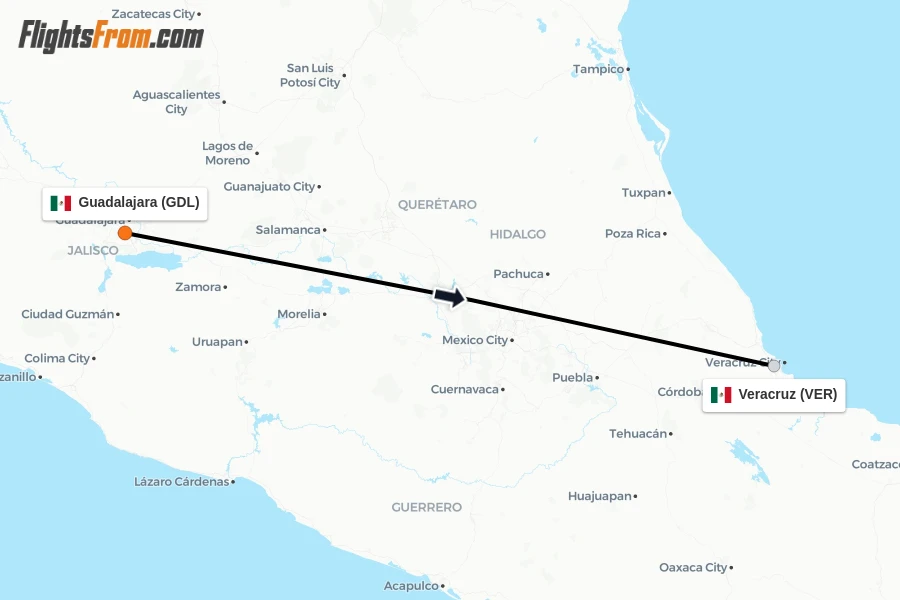 Flights from Guadalajara to Veracruz route map