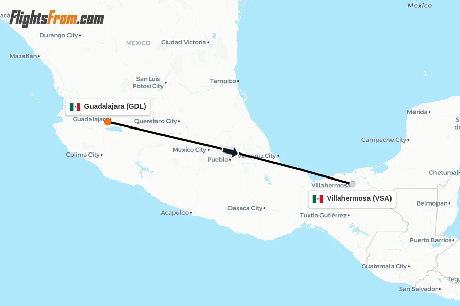 Flights from Guadalajara to Villahermosa route map