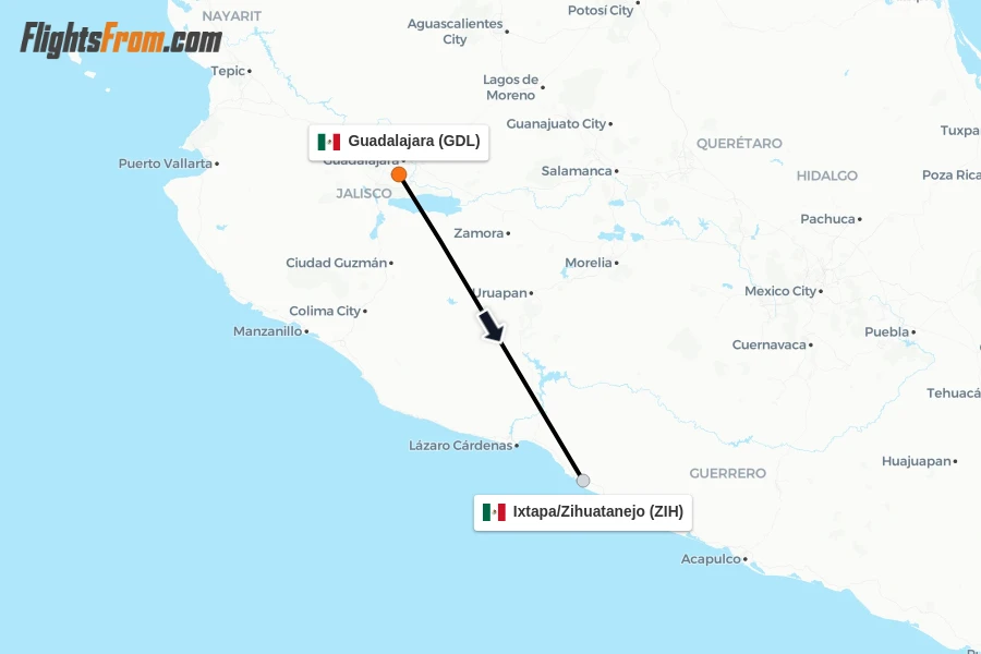 Flights from Guadalajara to Ixtapa/Zihuatanejo route map