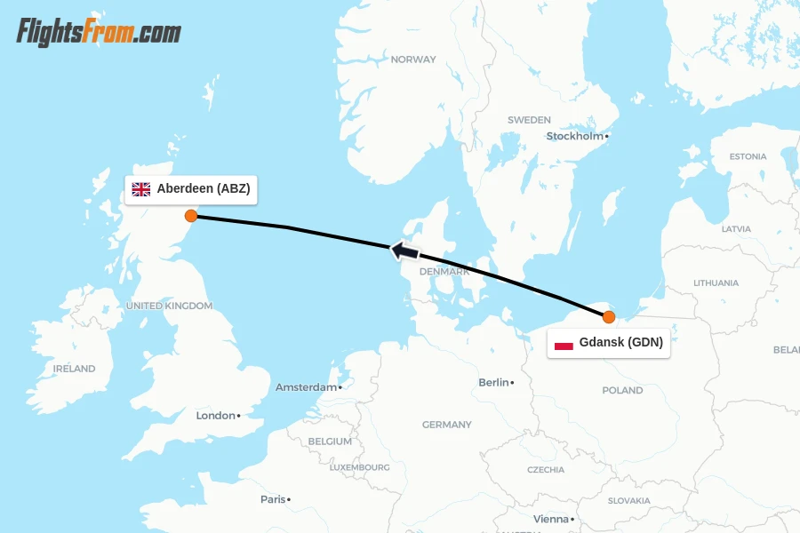 Flights from Gdansk to Aberdeen route map