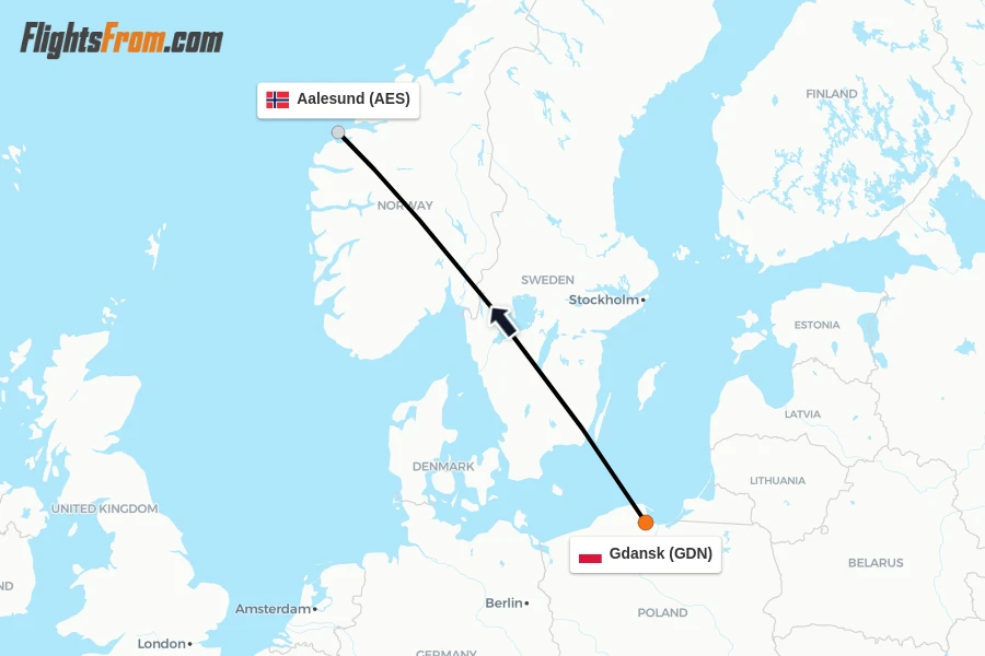 Flights from Gdansk to Aalesund route map