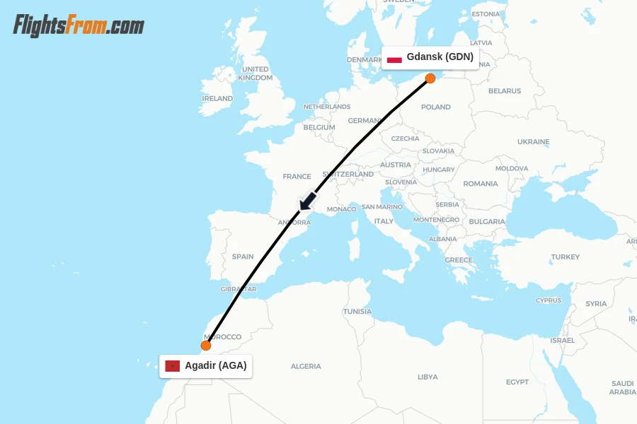 Flights from Gdansk to Agadir route map