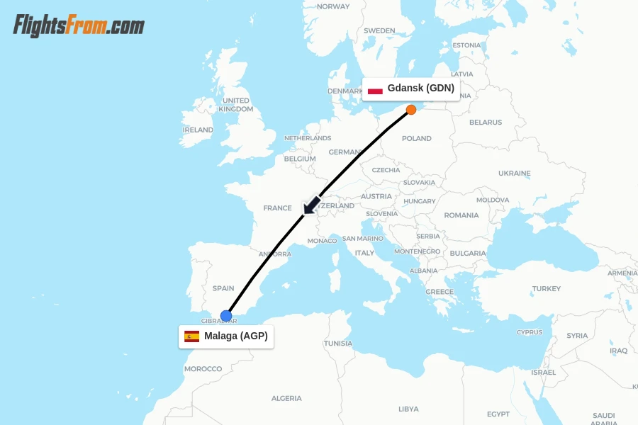 Flights from Gdansk to Malaga route map