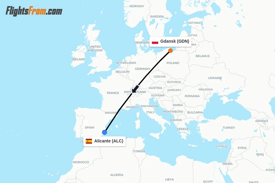 Flights from Gdansk to Alicante route map