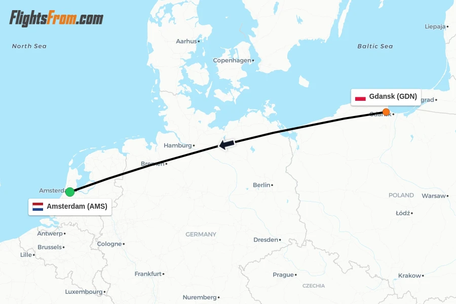 Flights from Gdansk to Amsterdam route map