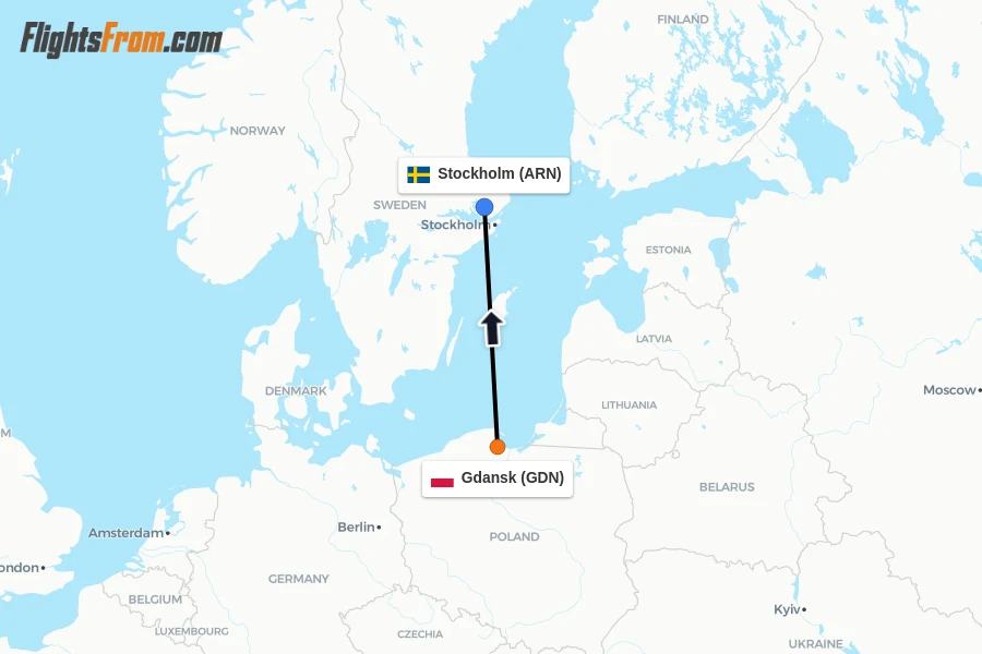 Flights from Gdansk to Stockholm route map