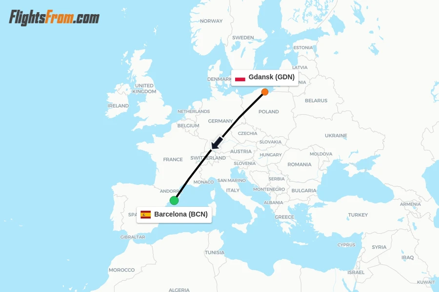 Flights from Gdansk to Barcelona route map