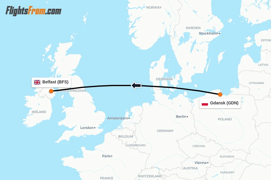 Flights from Gdansk to Belfast route map