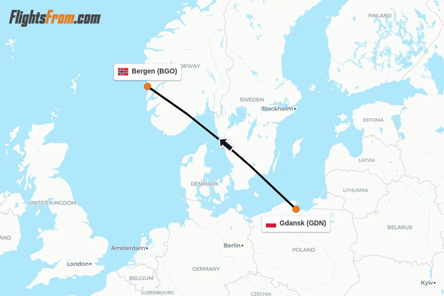 Flights from Gdansk to Bergen route map
