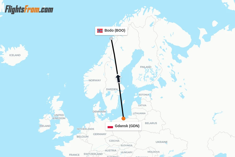 Flights from Gdansk to Bodo route map