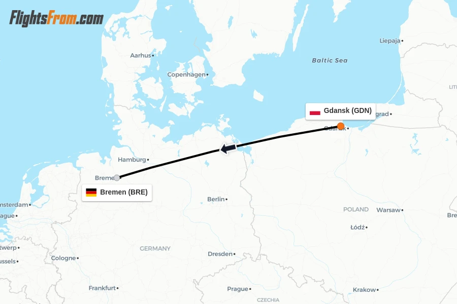 Flights from Gdansk to Bremen route map