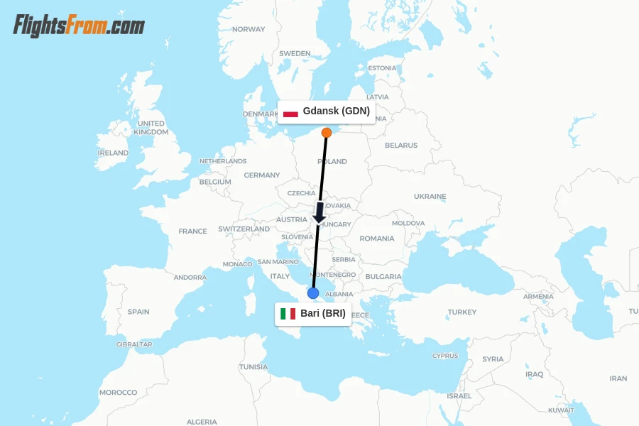 Flights from Gdansk to Bari route map