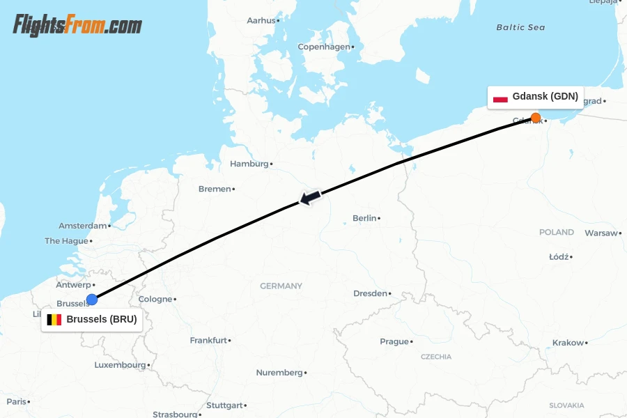 Flights from Gdansk to Brussels route map
