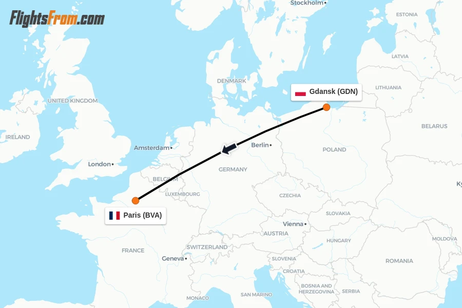 Flights from Gdansk to Paris route map