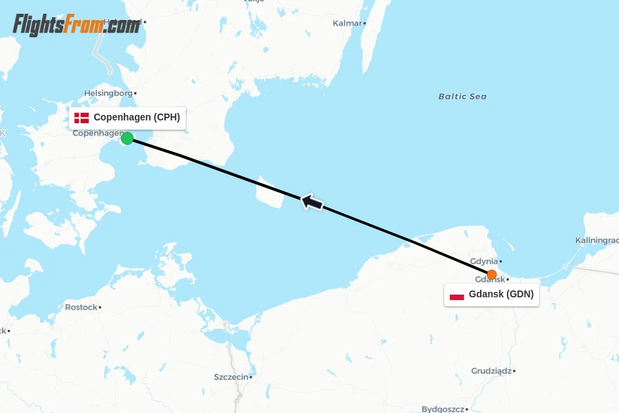 Flights from Gdansk to Copenhagen route map