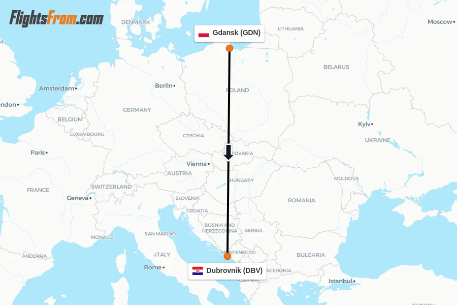 Flights from Gdansk to Dubrovnik route map