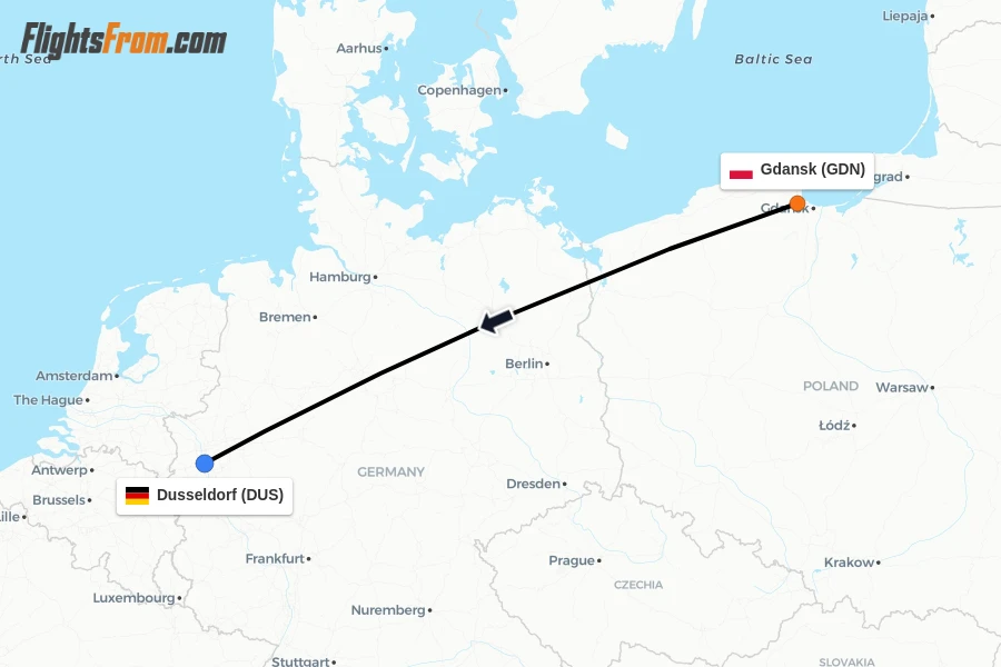 Flights from Gdansk to Dusseldorf route map