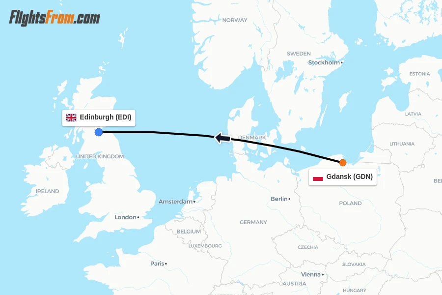 Flights from Gdansk to Edinburgh route map