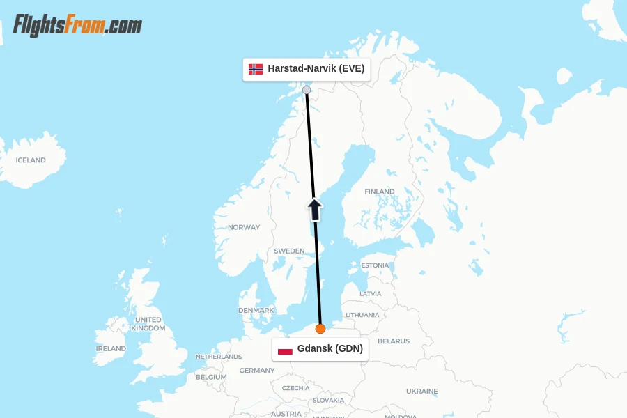 Flights from Gdansk to Harstad-Narvik route map