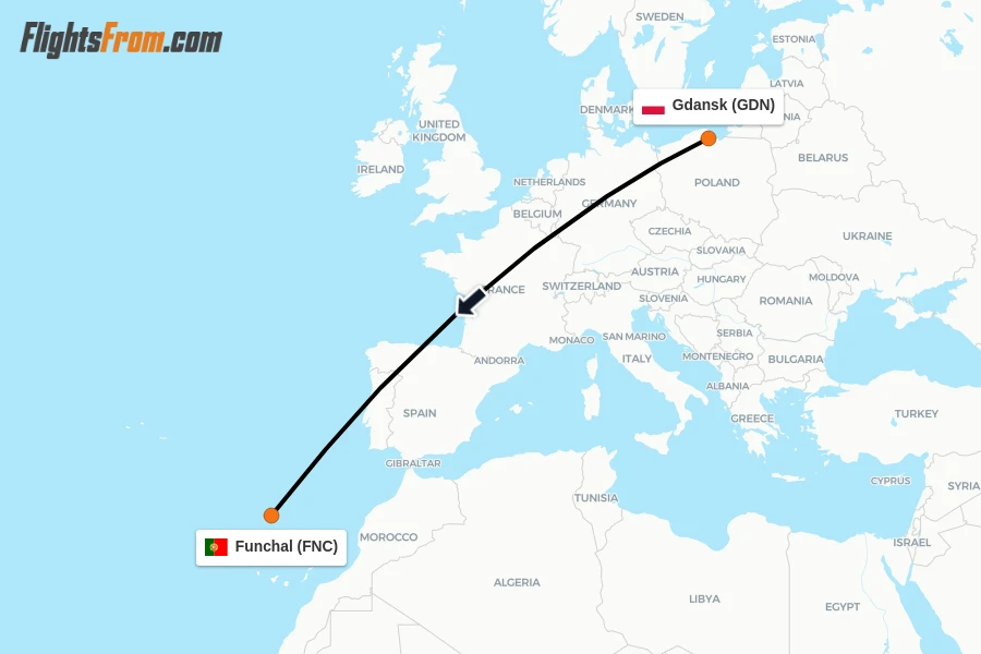 Flights from Gdansk to Funchal route map