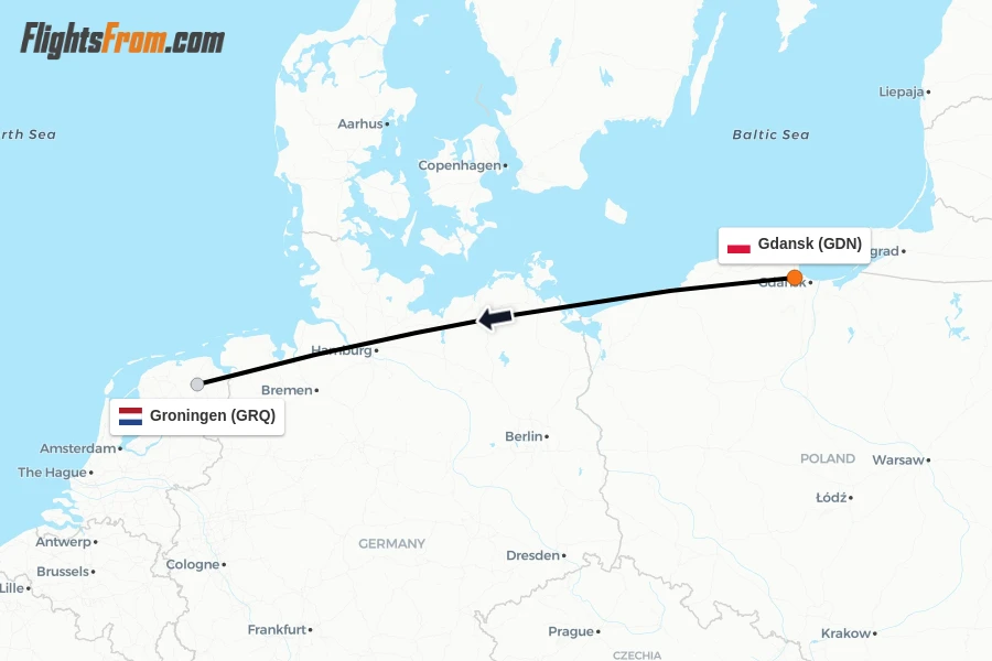 Flights from Gdansk to Groningen route map
