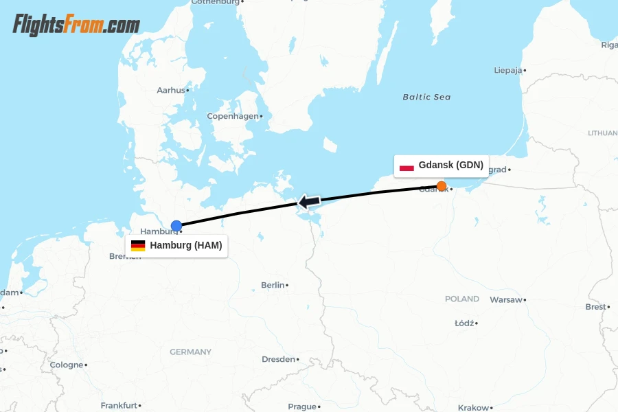 Flights from Gdansk to Hamburg route map