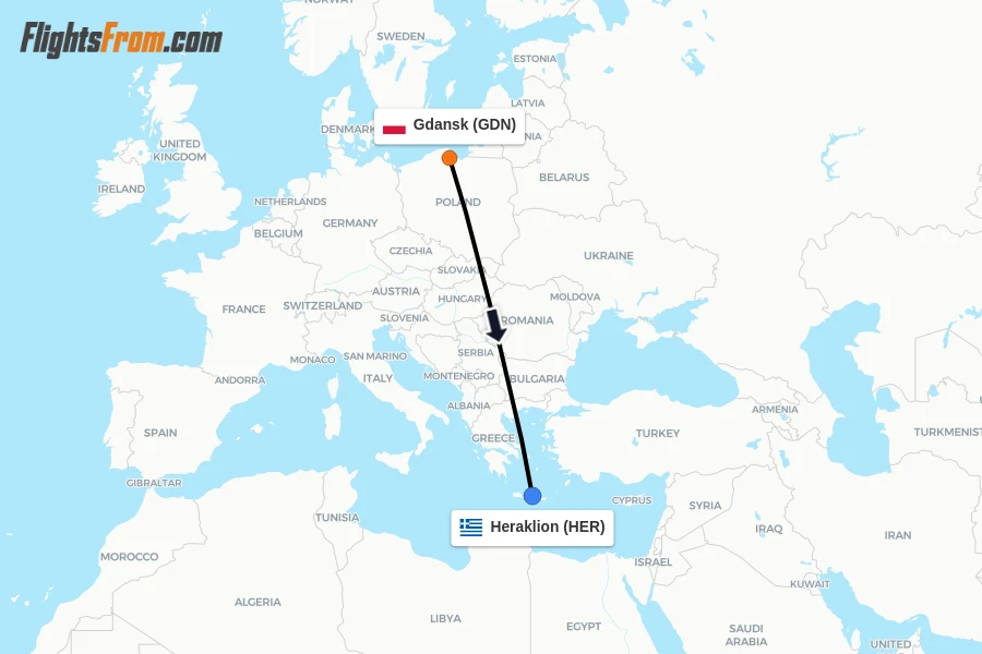 Flights from Gdansk to Heraklion route map