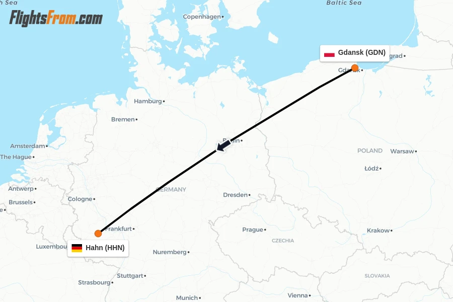 Flights from Gdansk to Hahn route map