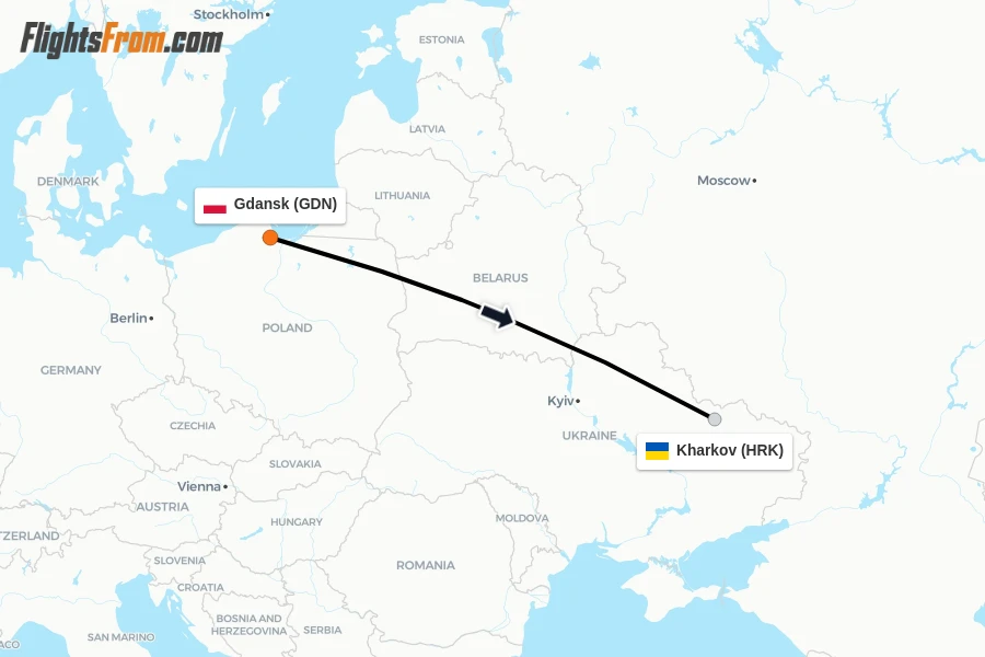 Flights from Gdansk to Kharkov route map