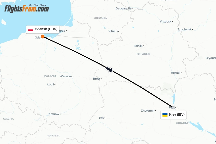 Flights from Gdansk to Kiev route map