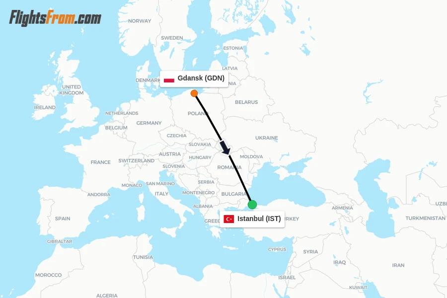 Flights from Gdansk to Istanbul route map