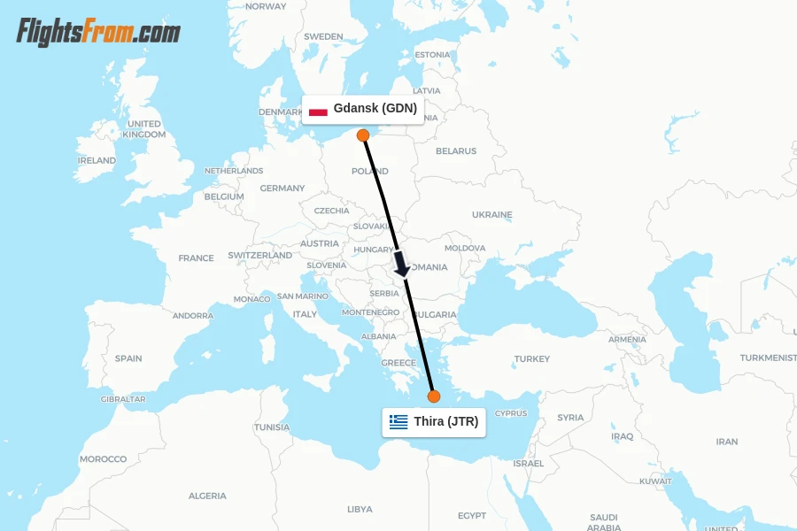 Flights from Gdansk to Thira route map