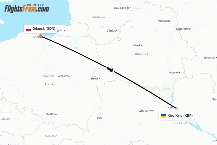 Flights from Gdansk to Kiev/Kyiv route map