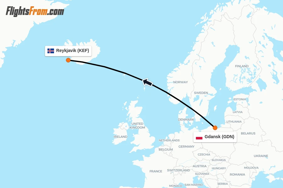 Flights from Gdansk to Reykjavik route map