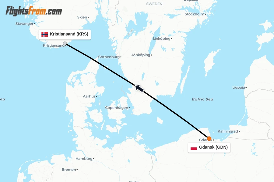 Flights from Gdansk to Kristiansand route map