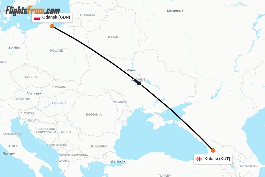 Flights from Gdansk to Kutaisi route map